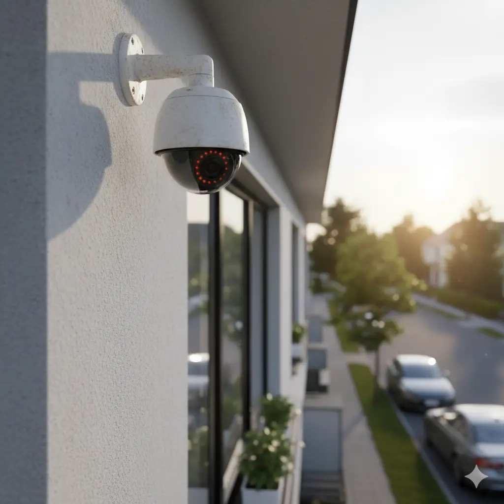 A realistic, weathered security camera mounted on the outside of a building, with a street and parked cars in the background. The camera's red lights are visible.